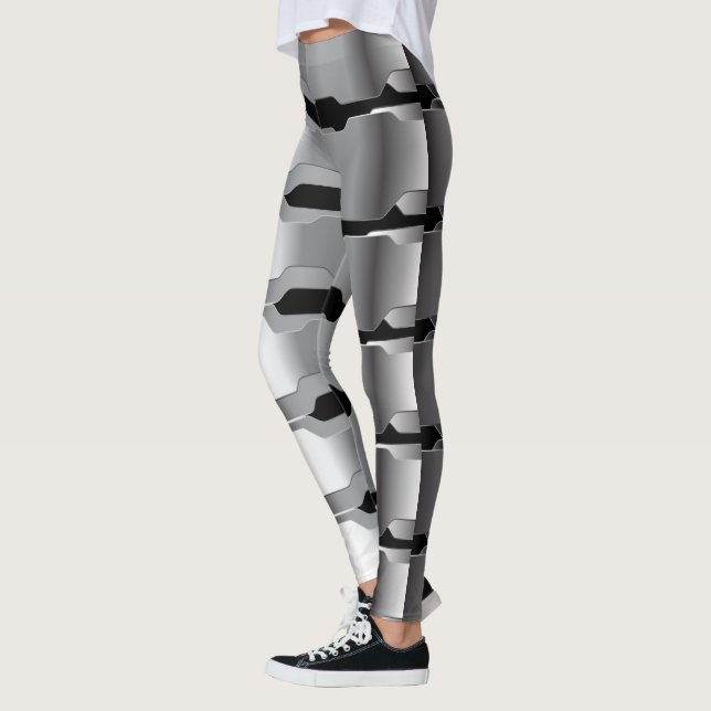 Modern Geometric Grey & Black Metallic Texture Leggings (Left)