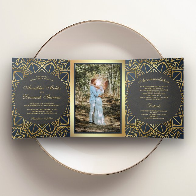 Modern Geometric Grey Gold Mandala Indian Wedding Tri-Fold Invitation (Creator Uploaded)