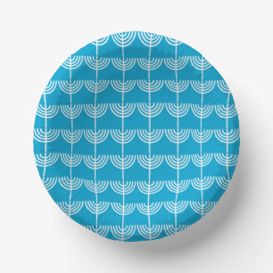 Modern Geometric Hanukkah Menorah Pattern Blue Paper Plate