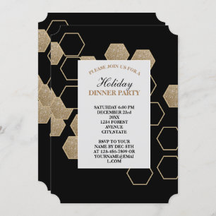 modern geometric hexagon black and gold party invitation
