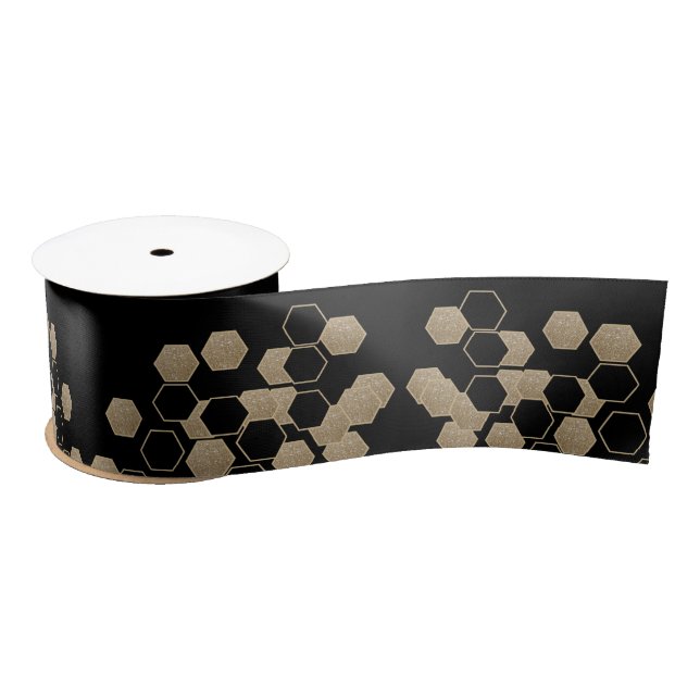 modern geometric hexagon black and gold party satin ribbon (Spool)