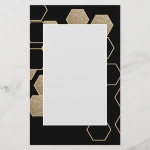 modern geometric hexagon black and gold party stationery