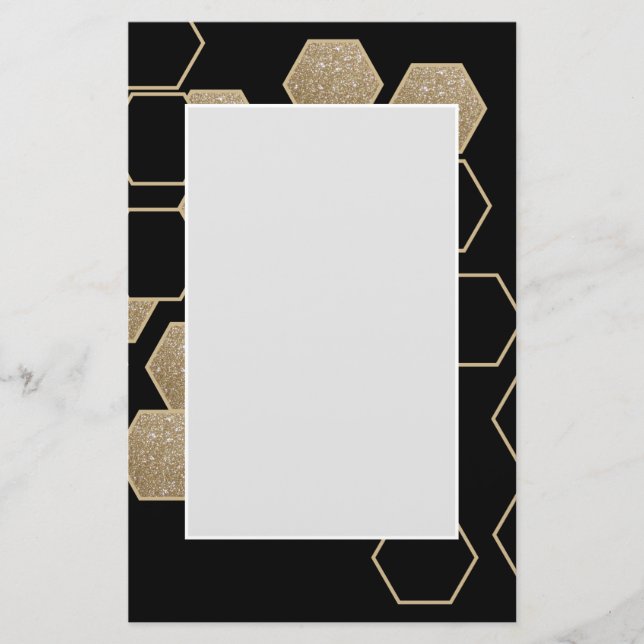 modern geometric hexagon black and gold party stationery (Front)