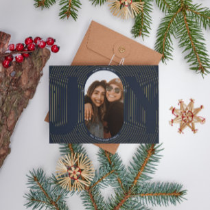 Modern Geometric Joy Oval Arch Navy Gold  Foil Holiday Card