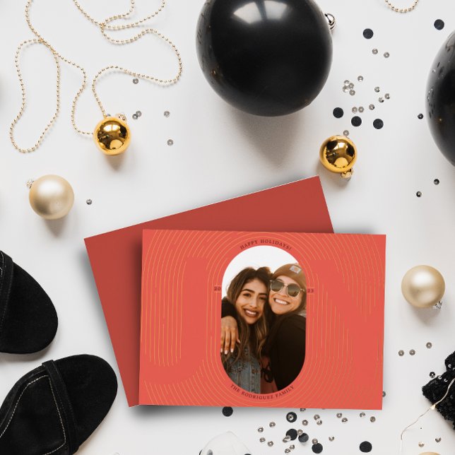 Modern Geometric Joy Oval Arch Red and Gold Foil Holiday Card (Creator Uploaded)