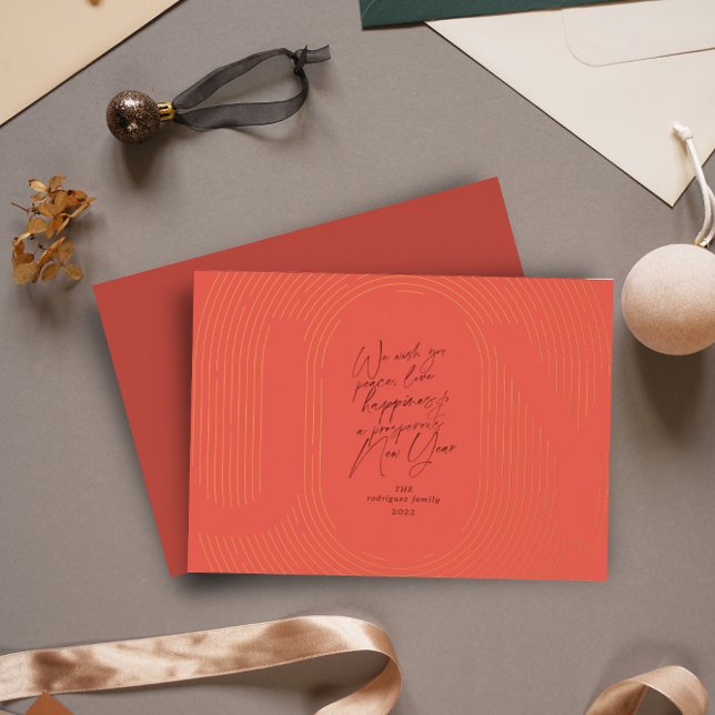 Modern Geometric Joy Oval Arch Red and Gold Foil Holiday Card (Creator Uploaded)