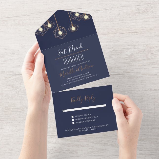 Modern Geometric Lights Navy Blue Wedding All In One Invitation (Tearaway)