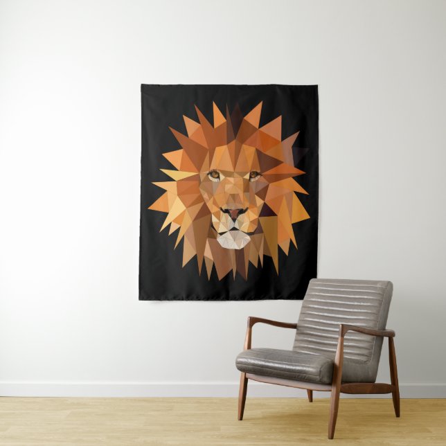 Modern Geometric Lion Face Tapestry (In Situ)
