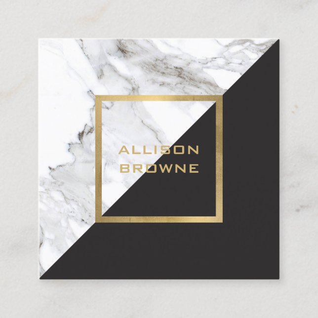 Modern Geometric Marble/Black and Faux Gold Square Business Card (Front)