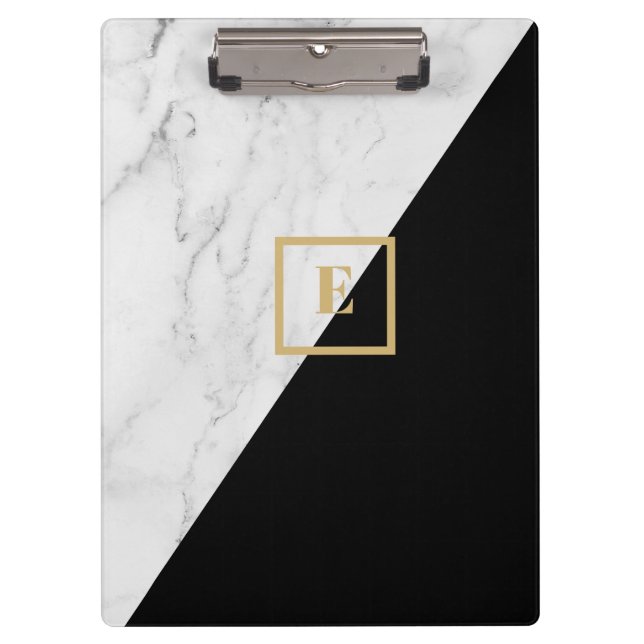 Modern Geometric Marble/Black Monogram Clipboard (Front)