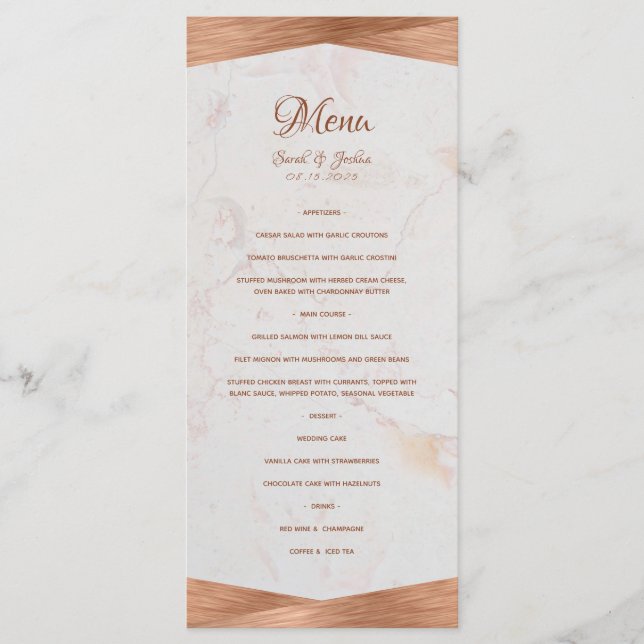 Modern Geometric Marble Copper Calligraphy Wedding Menu (Front)