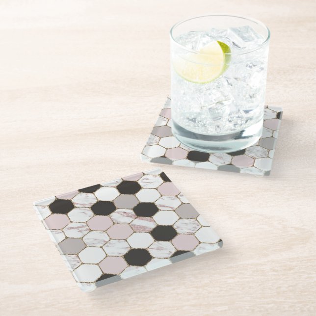 Modern Geometric Marble Hexagon Pattern Glass Coaster (Angled)