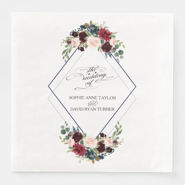 Modern Geometric Merlot Navy Blue Floral Wedding Napkin (Front)