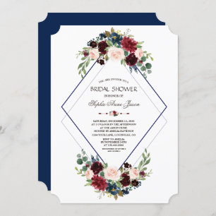 Modern Geometric Merlot Navy Floral Bridal Shower Invitation