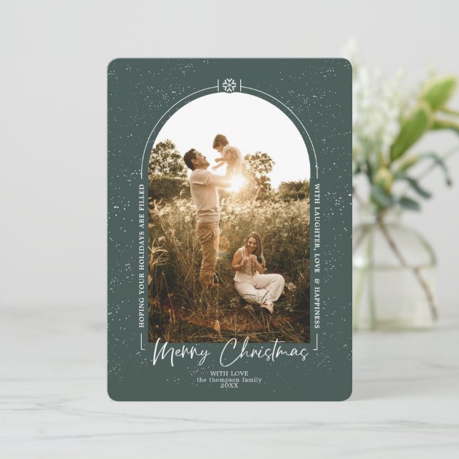 Modern Geometric Merry Christmas Dark Green Photo  Holiday Card (Standing Front)