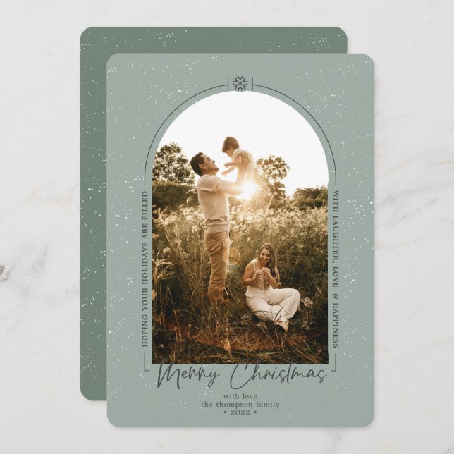 Modern Geometric Merry Christmas Green Photo Holiday Card (Front/Back)