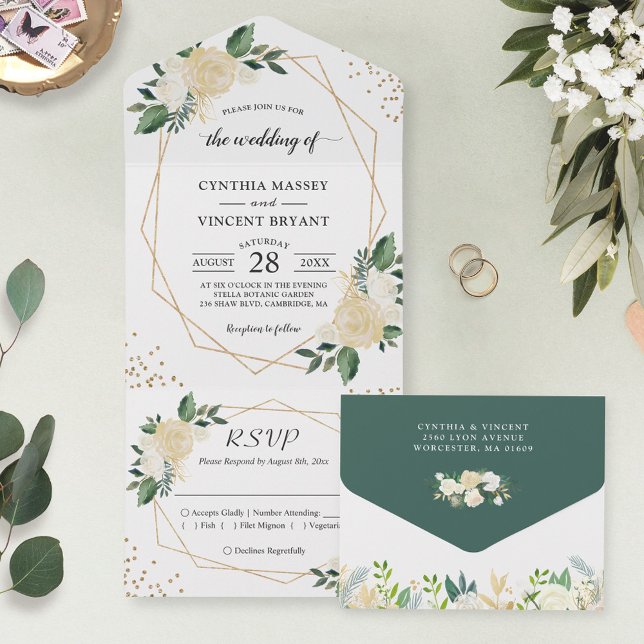 Modern Geometric Nature Green Gold Floral Wedding All In One Invitation (Creator Uploaded)