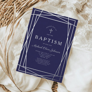 Modern Geometric Navy Blue Boy Baptism Silver