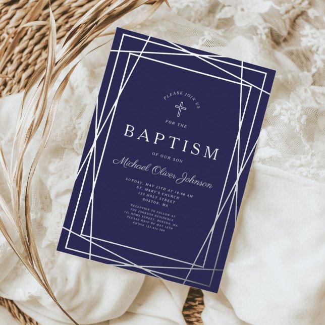 Modern Geometric Navy Blue Boy Baptism Silver (Geometric Frame Navy Blue Boy Baptism Silver Foil Invitation)