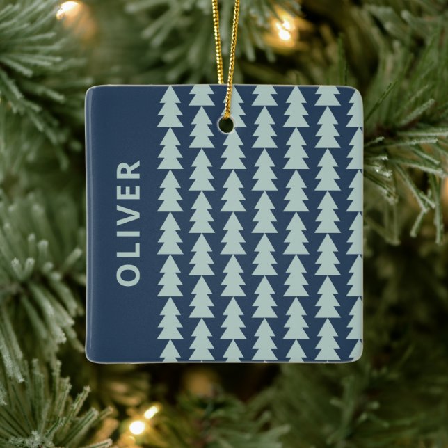 Modern geometric navy blue Christmas tree graphic Ceramic Ornament (Tree)