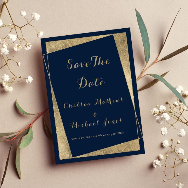 Modern geometric navy blue faux gold Save The Date (Modern geometric navy blue faux gold Save The Date )