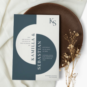 Modern Geometric Navy Blue Ivory Monogram Wedding Invitation