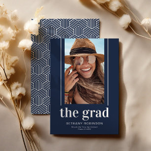 Modern Geometric Navy Blue Photo Graduation Announcement