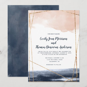 Modern Geometric Navy Blue Wash, Peach, and Gold Invitation