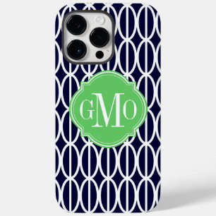 Modern Geometric Navy Blue White Pattern Monogram Case-Mate iPhone 14 Pro Max Case