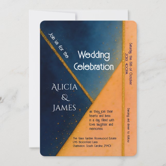 Modern Geometric Navy Coral Wedding  Invitation (Front)