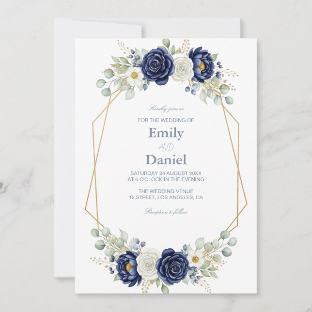 Modern Geometric Navy Floral Wedding Invitation (Front)