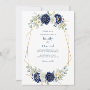 Modern Geometric Navy Floral Wedding Invitation