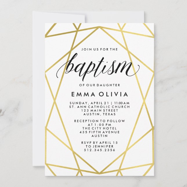 Modern Geometric on White Baptism | Faux Gold Look Invitation (Front)