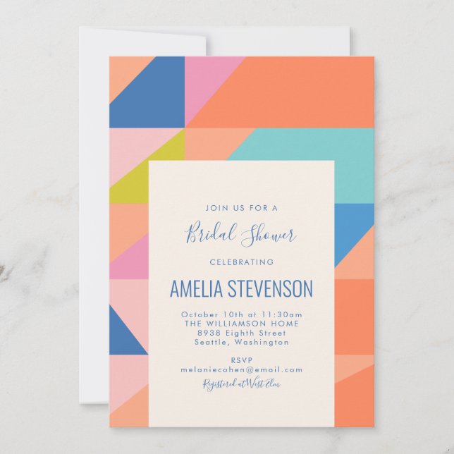 Modern Geometric Orange Blue Bridal Shower Invitation (Front)