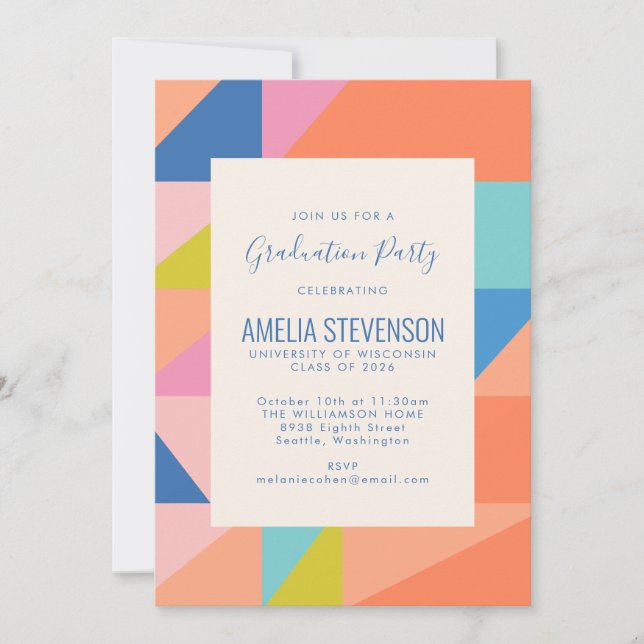 Modern Geometric Orange Blue Graduation Party Invitation (Front)