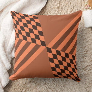 Modern Geometric Orange Stripes Diamond Checkers Cushion