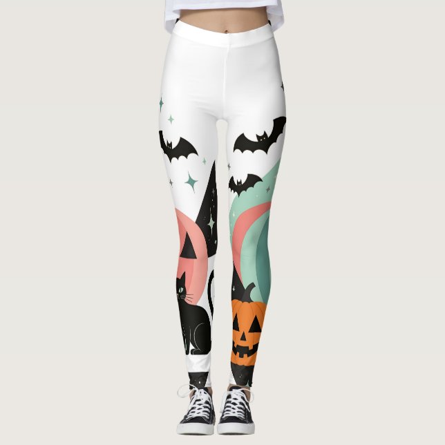 Modern Geometric Pastel Black Cat Pumpkin Leggings (Front)
