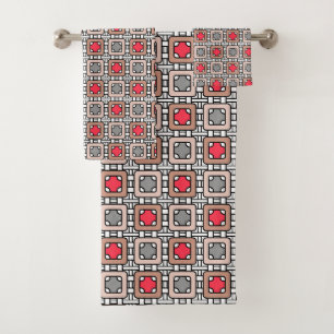 modern geometric pattern art deco grey red, beige bath towel set