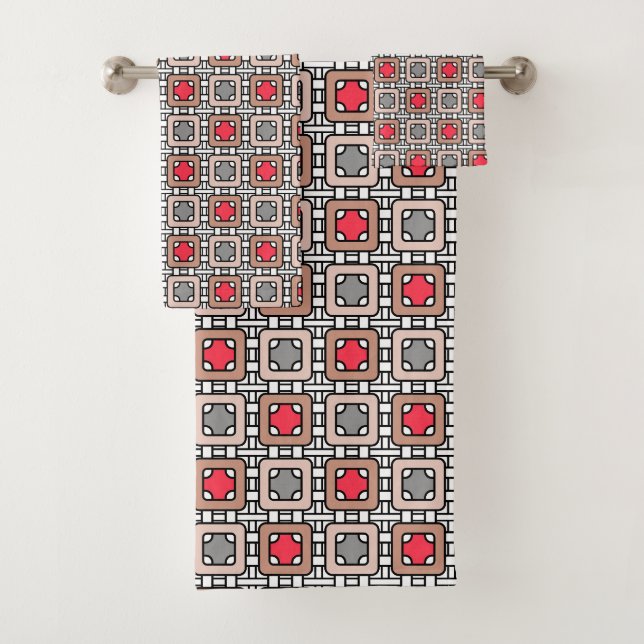 modern geometric pattern art deco grey red, beige  bath towel set (Insitu)