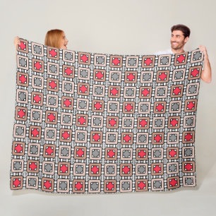 modern geometric pattern art deco grey red, beige fleece blanket