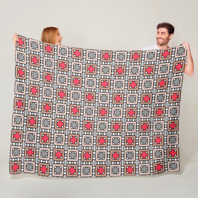 modern geometric pattern art deco grey red, beige  fleece blanket (In Situ)