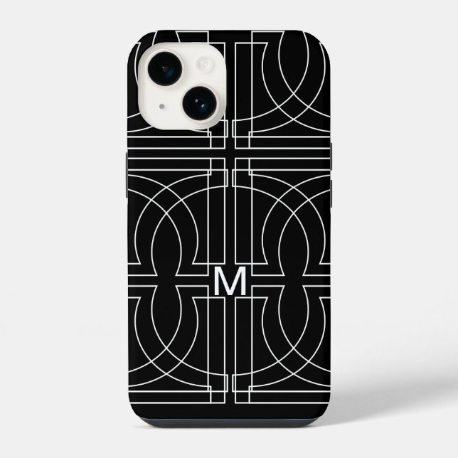Modern Geometric Pattern Black White Monogrammed iPhone Case (Back)