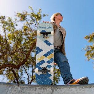 Modern Geometric Pattern Blue Gold Custom Name Skateboard