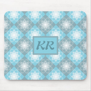 Modern Geometric Pattern Blue & Grey Monogram Mouse Pad