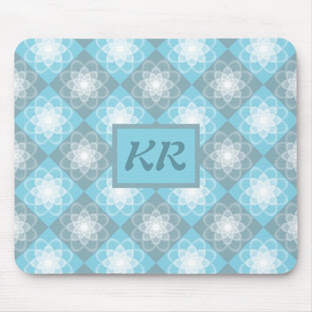 Modern Geometric Pattern Blue & Grey Monogram Mouse Pad (Front)