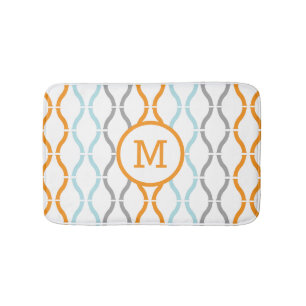 Modern Geometric Pattern Blue Grey & Orange Bath Mat