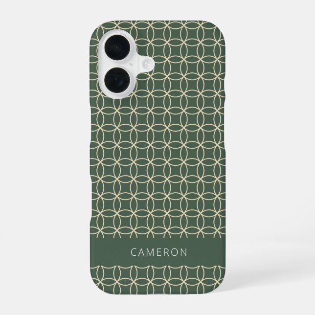 Modern Geometric Pattern Forest Green Personalised iPhone 16 Case (Back)
