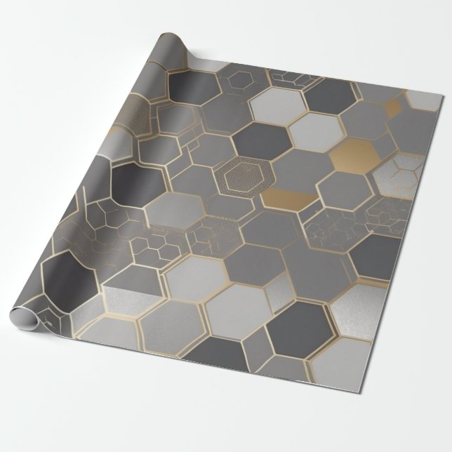 modern geometric pattern golden and silver hexagon wrapping paper (Unrolled)
