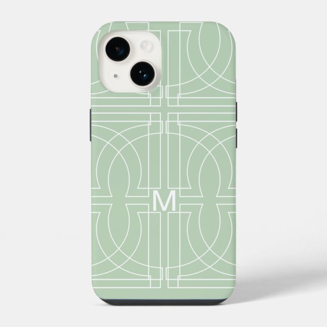 Modern Geometric Pattern Sage Green Monogrammed iPhone Case (Back)
