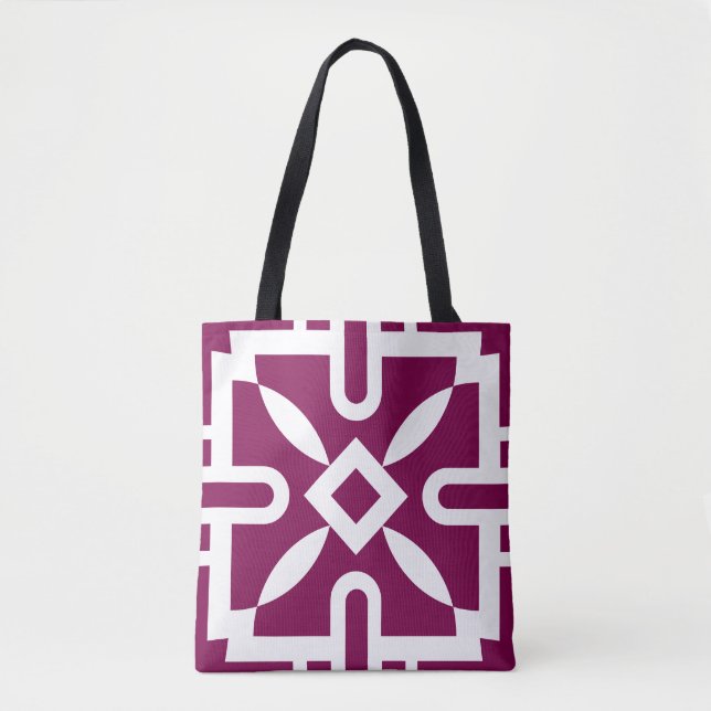 Modern Geometric Pattern Tote Bag - Plum & White  (Front)
